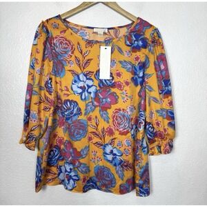 New Finn & Grace Orange Floral Blouse Women's Medium Blue Pink Ruffle Top‎ Boho